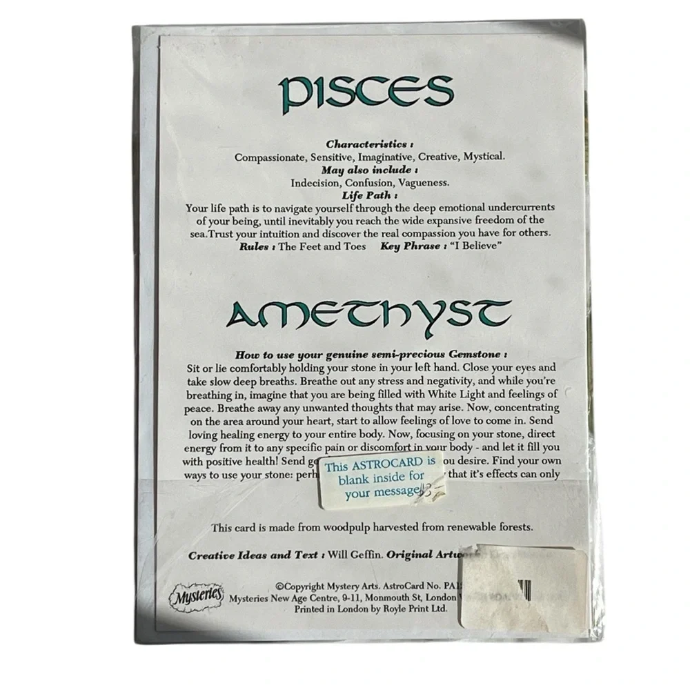 ASTRO Astrology Pisces Zodiac 5x7 Card Crystal Gift Feb 20–Mar 20
